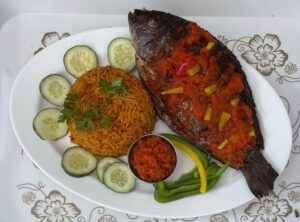 Jollof Rice + Wet Fried Fish and Sauce