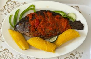 Fish(Whole Tilapia) wet fried + Steam Plaintain
