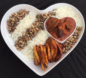 White Rice + Beans + Plantain + Beef Sauce