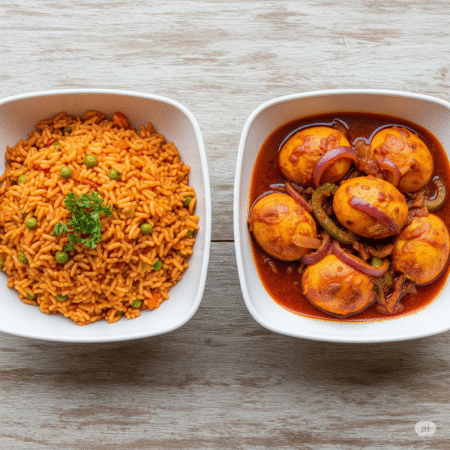 jollof rice and boiled egg stew