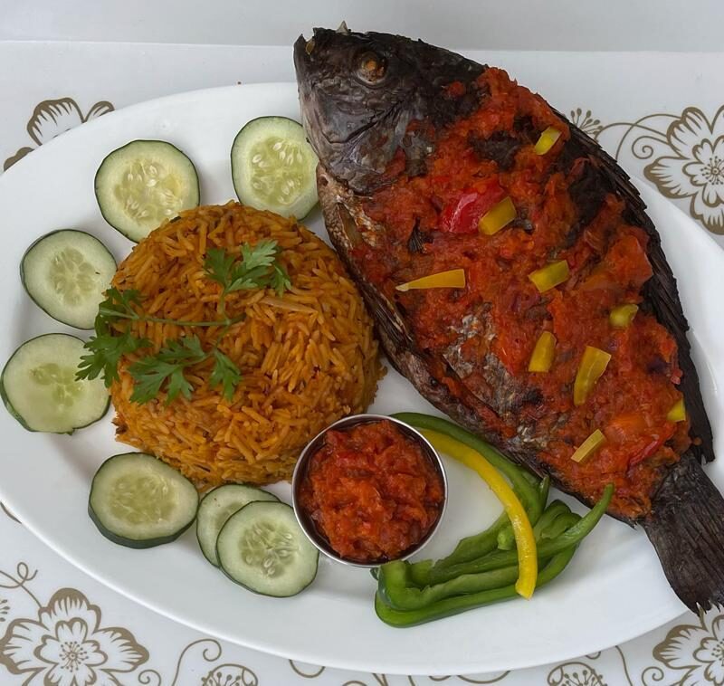 Jollof Rice + Wet Fried Fish and Sauce