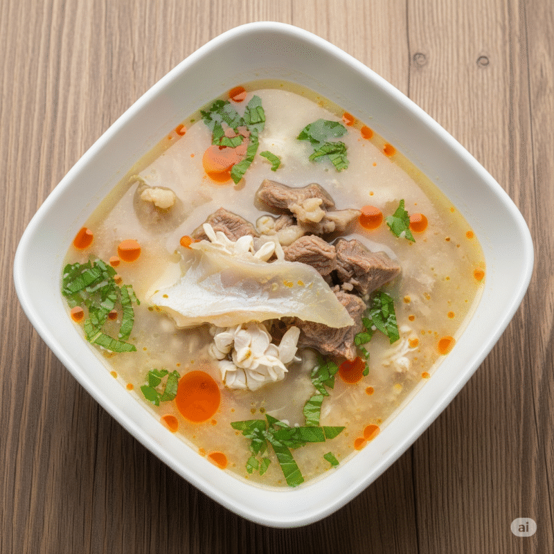Nigerian White Soup (Ofe Nsala) with goat meat and stockfish